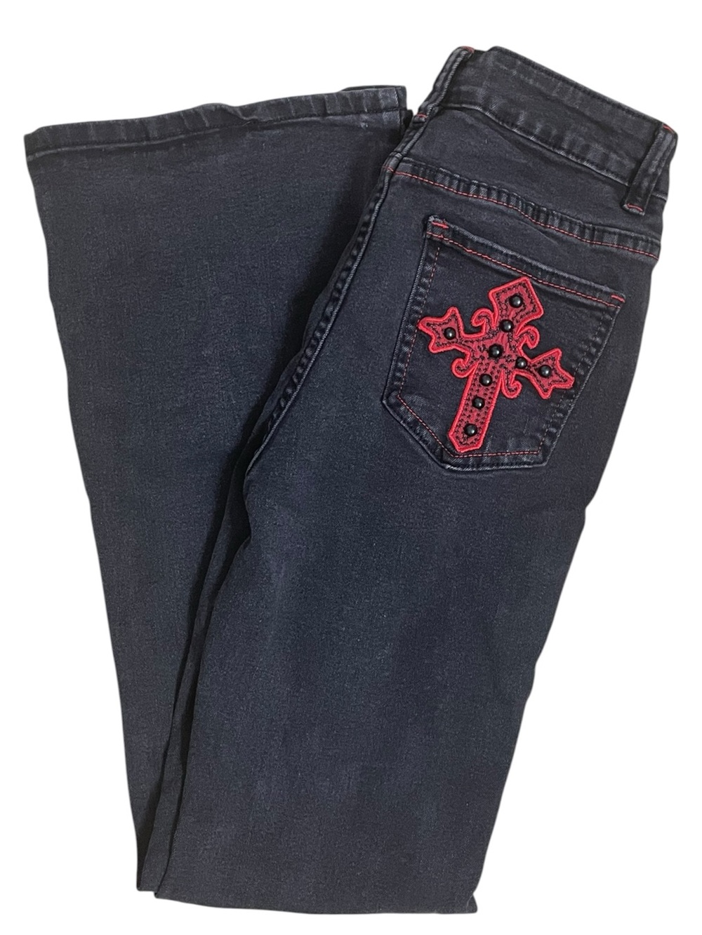 Romwe Washed Black Gothic Cross Flare Jeans Red Stitching Size S US 4 Y2K